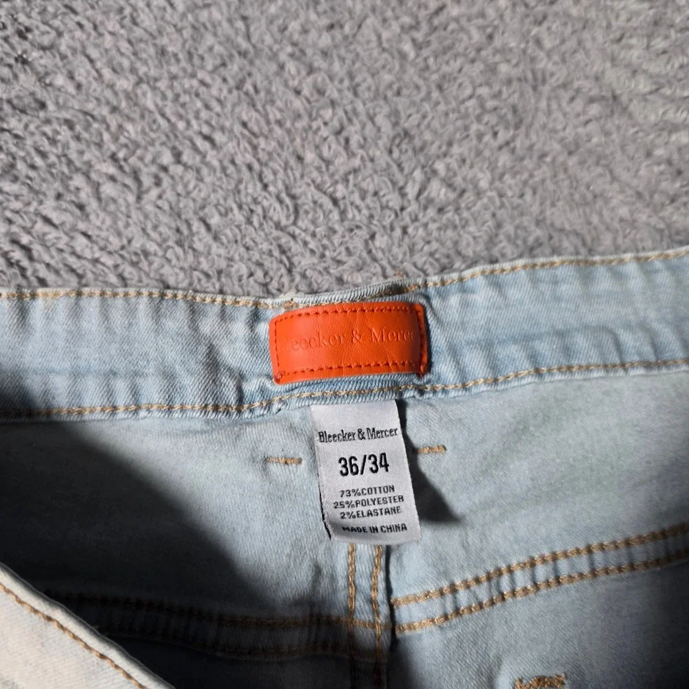 Bleecker & Mercer Mens 36x34 Slim Fit Jeans Light Blue Graphic Distressed Urban